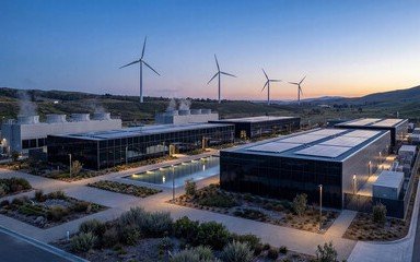 An AI data centre campus at dusk with wind turbines behind it