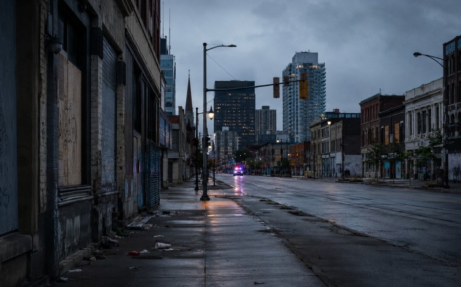 A downtown street at dusk