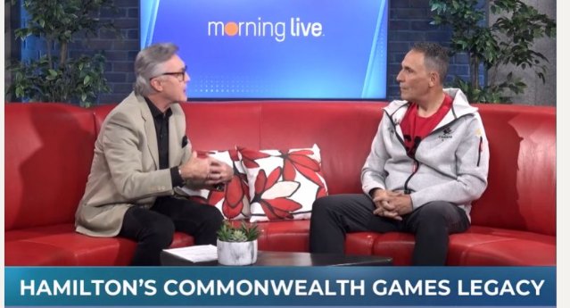 Louis Frapporti in conversation on the CHCH Morning Live set, with the on-screen caption Hamilton's Commonwealth Games Legacy